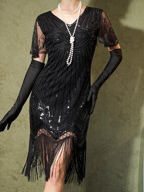 Yessa Black Sequin Fringe Flapper Dress Gatsby 1920s Inspired Cocktail Dress NWT